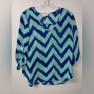 Soulmates Blue Teal Chevron Sheer 3/4 Sleeve V Neck Top Jrs L 2010s Chic Mod